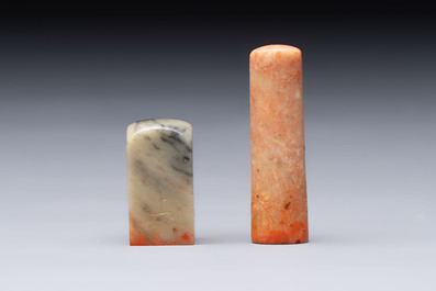 Two Chinese soapstone seals with an original buffalo-horn box, Ignace 依溺斯 mark, 20th C.