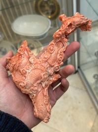 A Chinese carved red coral 'dragon' group, 19/20th C.