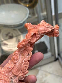 A Chinese carved red coral 'dragon' group, 19/20th C.