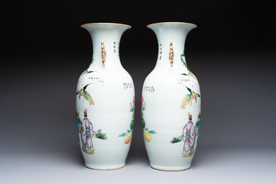 A pair of Chinese famille rose 'Chui Xiao Yin Feng 吹簫引鳳' vases, signed Pan Zhaotang 潘肇唐, dated 1923