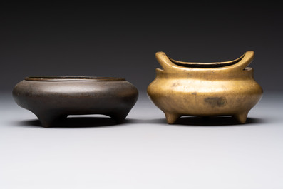Two Chinese bronze tripod censers, Xuande and double-vajra mark, 19th C.