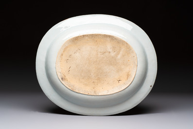Two Chinese blue and white chargers with floral and landscape design, Qianlong