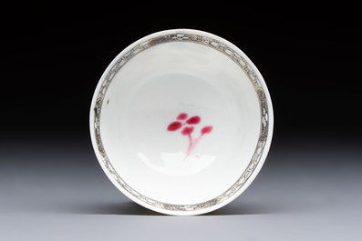 An extremely rare Chinese famille rose 'L'Apoticaire Charitable' cup and saucer, Yongzheng/Qianlong