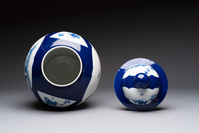 A Chinese blue and white powder-blue-ground 'He Xiangu 何仙姑' vase and cover, 19th C.