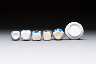 A group of 12 Chinese blue and white miniature vases and a small bottle vase, Kangxi