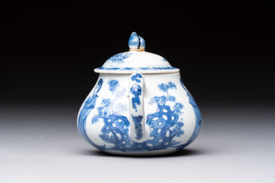 A pair of Chinese famille verte covered jars, a Tieguai Li figure, a blue and white teapot and a biscuit saucer, Kangxi and Qing Yu Tang mark, 19th C.