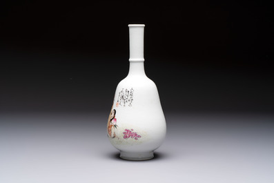 A Chinese famille rose 'Shoulao' bottle vase, signed Wang Qi 王琦, Taozhai 匋斋 seal mark, dated 1943
