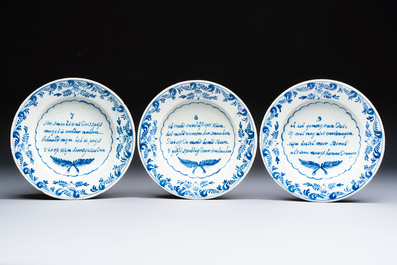 A set of 12 blue and white Dutch Delft 'Proverb' plates, 18th C.