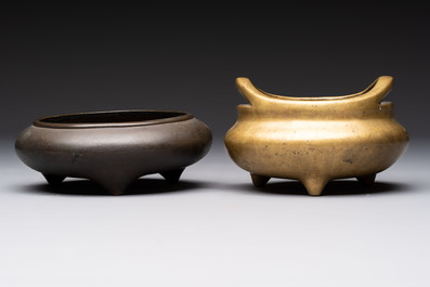 Two Chinese bronze tripod censers, Xuande and double-vajra mark, 19th C.