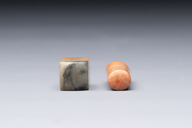 Two Chinese soapstone seals with an original buffalo-horn box, Ignace 依溺斯 mark, 20th C.