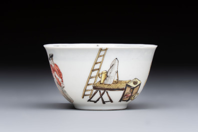 An extremely rare Chinese famille rose 'L'Apoticaire Charitable' cup and saucer, Yongzheng/Qianlong