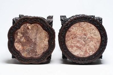 Two finely carved Chinese marble-topped hongmu stands, 19th C.