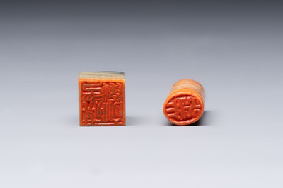 Two Chinese soapstone seals with an original buffalo-horn box, Ignace 依溺斯 mark, 20th C.