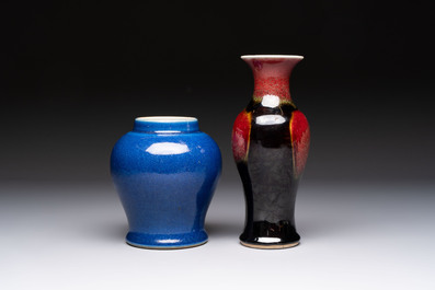 A Chinese blue-glazed jar and a flamb&eacute;-glazed vase, 19/20th C.
