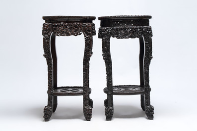 Two finely carved Chinese marble-topped hongmu stands, 19th C.
