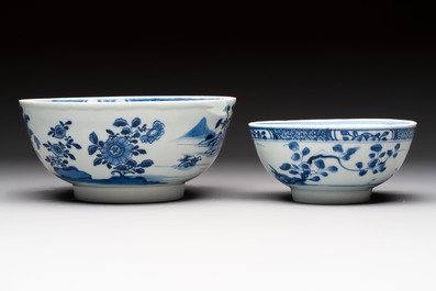 Four Chinese blue and white bowls, Qi Zhen Ru Yu 奇珍如玉 and Ding mark, Kangxi/Qianlong
