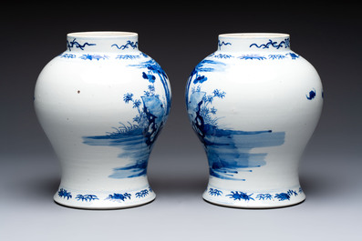 A pair of Chinese blue and white vases and a famille rose covered vase, 19th C.