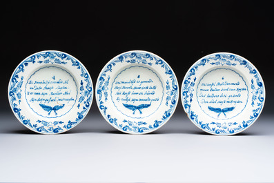 A set of 12 blue and white Dutch Delft 'Proverb' plates, 18th C.