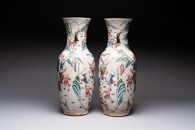 A pair of Chinese Nanking famille rose vases with narrative design, Chenghua mark, 19th C.