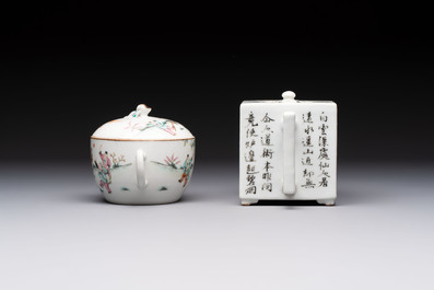 Two Chinese famille rose teapots and covers, signed Yun Xuan Shi 雲軒氏, Guanyao and Tongzhi mark, dated 1888, 19th C.