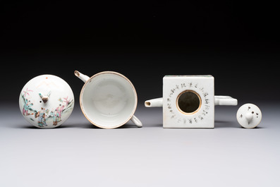 Two Chinese famille rose teapots and covers, signed Yun Xuan Shi 雲軒氏, Guanyao and Tongzhi mark, dated 1888, 19th C.