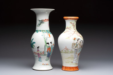Two Chinese famille rose 'Elegant Beauties' vases, one with a Guan Yao Nei Zao 官窯內造 mark, signed Luo Su Shi 羅宿氏 and dated 1931, the other 19th C.