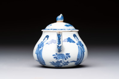 A pair of Chinese famille verte covered jars, a Tieguai Li figure, a blue and white teapot and a biscuit saucer, Kangxi and Qing Yu Tang mark, 19th C.
