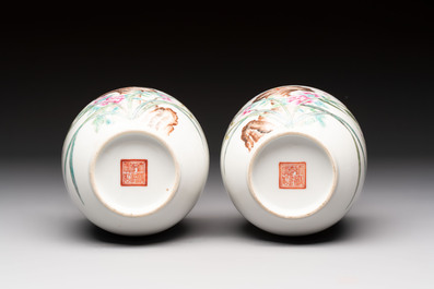 A pair of Chinese famille rose 'Pheasants' vases, Qianlong mark, Republic