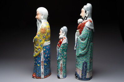 Three Chinese famille rose figures of the star gods, Mao Ji Sheng 茂記生 and You Long Sheng 游隆盛 mark, 19/20th C.