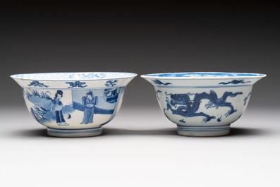 Four Chinese blue and white bowls, Qi Zhen Ru Yu 奇珍如玉 and Ding mark, Kangxi/Qianlong