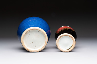 A Chinese blue-glazed jar and a flamb&eacute;-glazed vase, 19/20th C.