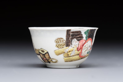 An extremely rare Chinese famille rose 'L'Apoticaire Charitable' cup and saucer, Yongzheng/Qianlong