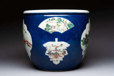 A Chinese famille verte blue-ground fishbowl with narrative design, 19th C.