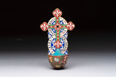 Four Chinese cloisonn&eacute; crucifixes and a holy water font, 19th C.