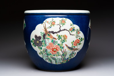 A Chinese famille verte blue-ground fishbowl with narrative design, 19th C.