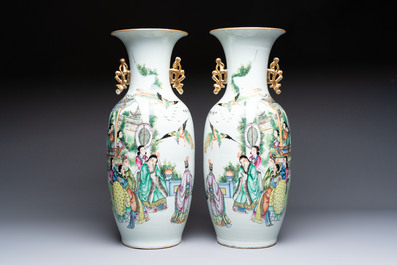 A pair of Chinese famille rose 'Chui Xiao Yin Feng 吹簫引鳳' vases, signed Pan Zhaotang 潘肇唐, dated 1923