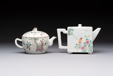 Two Chinese famille rose teapots and covers, signed Yun Xuan Shi 雲軒氏, Guanyao and Tongzhi mark, dated 1888, 19th C.