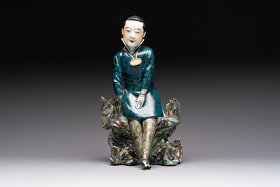 A fine and rare Chinese polychrome figure of a lady, Ye Yunhong Zhi 葉運紅製 mark, Republic