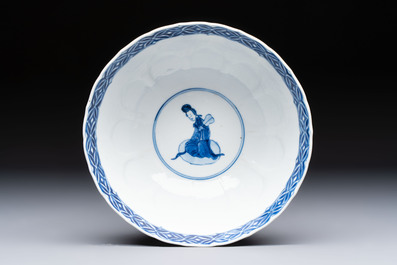 A Chinese blue and white moulded 'Elegant Beauties' bowl, Chenghua mark, Kangxi