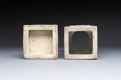 A fine Chinese famille rose reticulated square lantern with a stand, 19th C.
