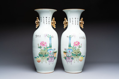 A pair of Chinese famille rose 'Chui Xiao Yin Feng 吹簫引鳳' vases, signed Pan Zhaotang 潘肇唐, dated 1923