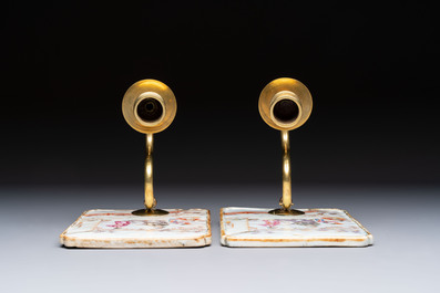 A pair of Chinese Canton famille rose 'Mandarin Subject' wall sconces, Qianlong
