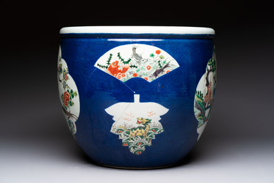 A Chinese famille verte blue-ground fishbowl with narrative design, 19th C.