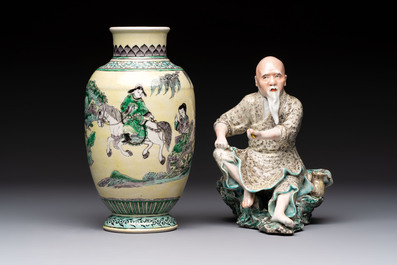 A Chinese verte biscuit vase, a sculpture of a fisherman and a Milefo Buddha, You Lin Ji 游林記造 and Zhu Mao Ji 朱茂記造 mark, 20th C.