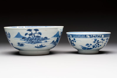 Four Chinese blue and white bowls, Qi Zhen Ru Yu 奇珍如玉 and Ding mark, Kangxi/Qianlong
