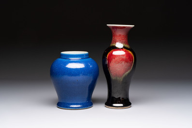 A Chinese blue-glazed jar and a flamb&eacute;-glazed vase, 19/20th C.