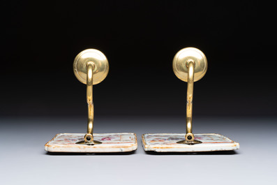 A pair of Chinese Canton famille rose 'Mandarin Subject' wall sconces, Qianlong