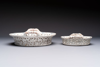 Two reticulated Brussels faience 'A la Haie Fleurie' baskets and a sauce boat, 18th C.