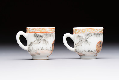 A pair of rare Chinese gilt- and silver-decorated grisaille and iron-red miniature 'Horse' cups, Yongzheng/Qianlong