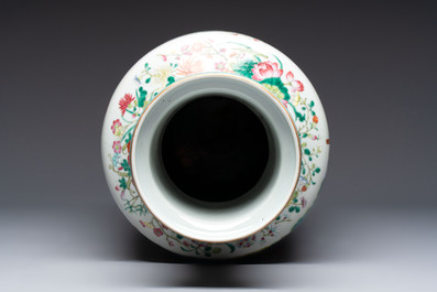 A Chinese famille rose 'Qun Xian Zhu Shou 群仙祝壽' rouleau vase, Qianlong mark, 19th C.
